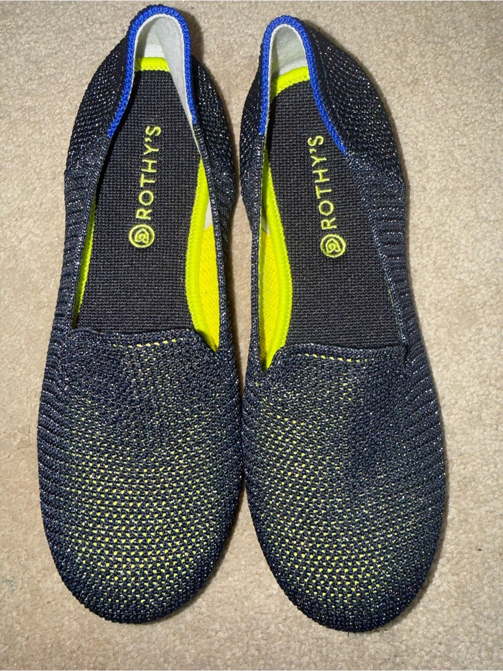 Rothy's Kids Blue with Neon Yellow Slip-On Flats Metallic Lattice NWT